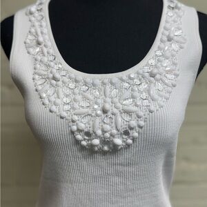 Ruby Rd White Bead Embellished Ribbed Knit Tank Top, Size Petite XL